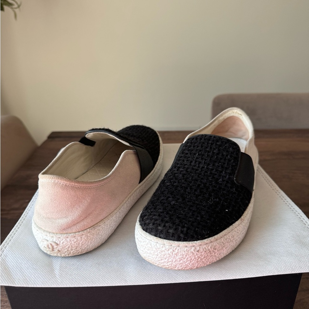 Chanel Tweed Suede Slip-On Sneakers